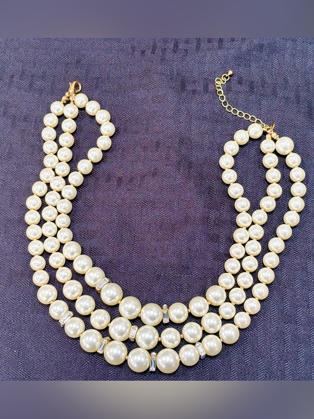 Vintage Triple Strand Cream Faux Pearl Necklace with Gold Tone Accents